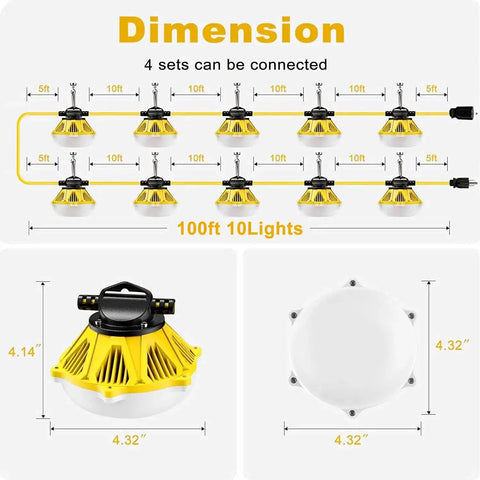 Diagram showing 100 ft Ultra Bright 100 Ft LED Work String Light With 10 Sockets 200W Total Output 26000 Lumens setup and dimensions.