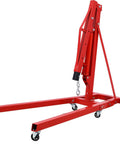 Rock Solid 2 Ton Folding Engine Hoist Cherry Picker Shop Crane With Hydraulic Ram and Six Smooth Swivel Casters in red steel.