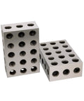 Front view of two silver steel precision parallel blocks, 1/8 x 3 in, with threaded holes