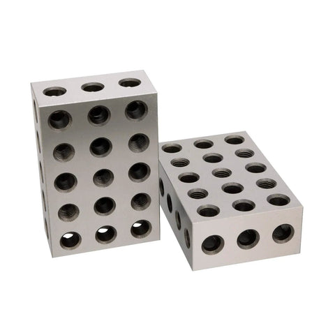 Front view of two silver steel precision parallel blocks, 1/8 x 3 in, with threaded holes