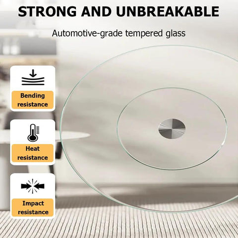 Dope Large Glass Turntable For Dining Tables, displaying strong and unbreakable tempered glass with bending, heat, impact resistance.