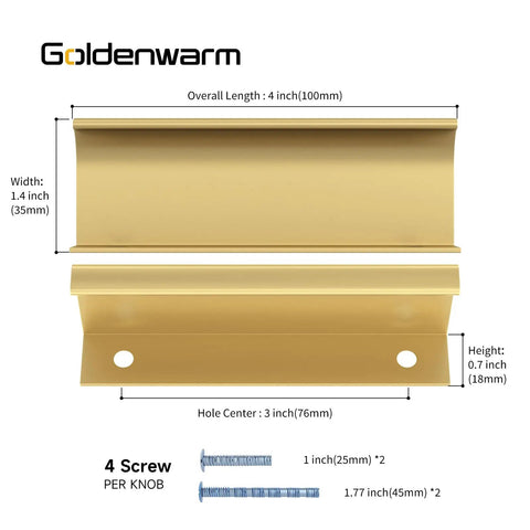 30 Pack 3 Inch Center Gold Finger Edge Pulls For Cabinets And Drawers with dimensions and screws displayed