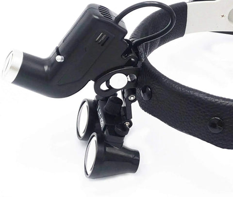 Close-up of All Purpose 5W Rechargeable Headband LED Headlight With 3.5X Binocular Loupe and leather strap, model DY-106.