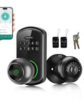 Black Smart Door Knob Lock With Keypad And Fingerprint Five In One Access App Bluetooth Control Personal Passcodes Keycard Key Fob And Mechanical Key No Drill Digital Lock For Front And Indoor Doors, showing smartphone control and keys