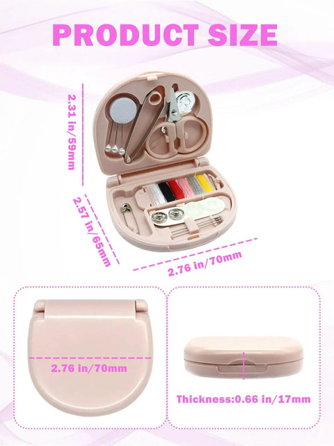 Open Ultra Handy Mini Sewing Kit For On The Go Travel Size Emergency Pocket Kit with buttons, threads, scissors, and needles in a pink box.