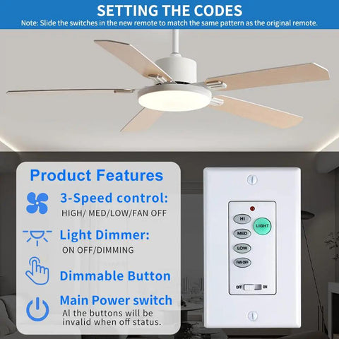 Enhanced Universal Ceiling Fan Wall Control Remote With 3 Speed Regulator And Full Range Dimmer, Transmitter Only next to fan