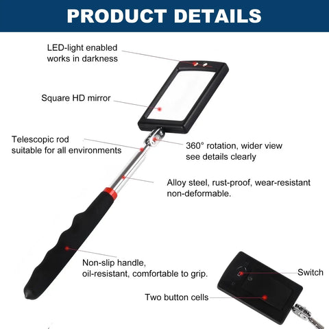 5 Piece Telescoping Inspection Mirror Set With Adjustable Round And Square Extendable Mirrors, LED Light, square mirror detail