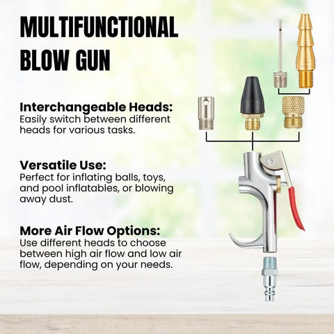 Multifunctional blow gun with interchangeable heads for One Quarter Inch Quick Connect Air Accessory Kit With 25 Feet PVC Hose Blow Gun With Inflation Nozzles Tire Gauge Air Chuck And Fittings For Fast Home Garage Air Tool Setup.