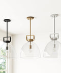 Leigh Pendant Light With Oversized Glass Shade And Adjustable Cord in three finishes, displayed indoors.