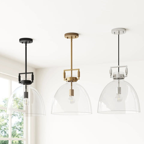 Leigh Pendant Light With Oversized Glass Shade And Adjustable Cord in three finishes, displayed indoors.