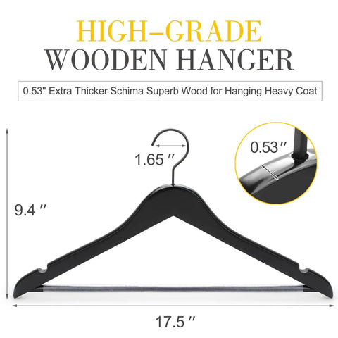 Beefy Heavy Duty Wooden Hangers For Coats And Pants With Non Slip Bar Notches And Extra Thick Flat Hook 0.53 Inch Thick