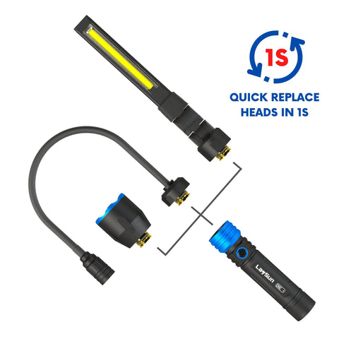 3 In 1 Quick Connect Rechargeable LED Work Light Kit with detachable magnetic base, flexible gooseneck, and slim bar light components.