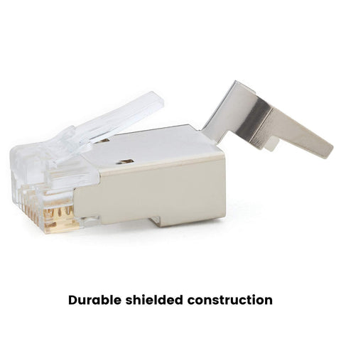 Cat6 Cat6A RJ45 Pass Through Modular Plug Shielded STP Ground Connector UL Listed EZ Crimp Gold Plated 3 Prong 8P8C