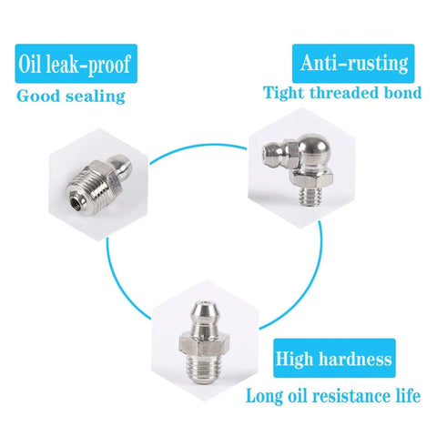 110 Piece Metric Grease Fittings Kit M6 M8 M10 Straight and 45 Degree 90 Degree Angled Zerk Fittings diagram and features