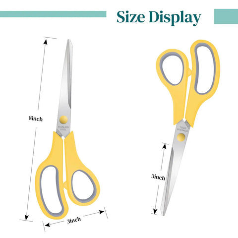 24 Pack 8 Inch Heavy Duty Craft Scissors Bulk Multipurpose Stainless Steel Shears For Home Office School Supplies With Colorful Handles Black Purple Red Blue Yellow Green Ideal For Crafts Sewing And Scrapbooking, yellow handle size display