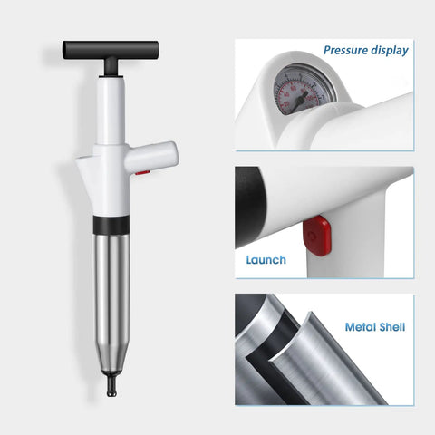 Heavy Duty Toilet Plunger With Air Pressure Boost Workhorse Clog Remover featuring pressure display, launch button, metal shell.