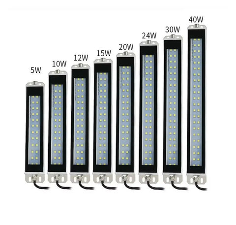 Various sizes of industrial bright cool white LED work lamps, including 10W 35cm heavy duty LED workshop light for machines and tools.