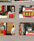 Interior details of the Lit 3-Floor Modular Pizza Shop Building Kit With Fully Printed Pieces, 5588-Piece Pizzeria Set.