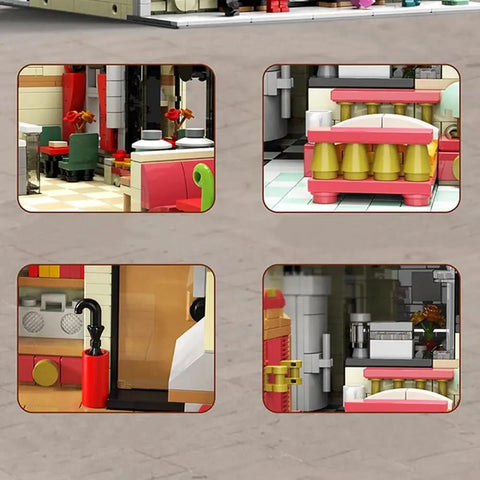 Interior details of the Lit 3-Floor Modular Pizza Shop Building Kit With Fully Printed Pieces, 5588-Piece Pizzeria Set.