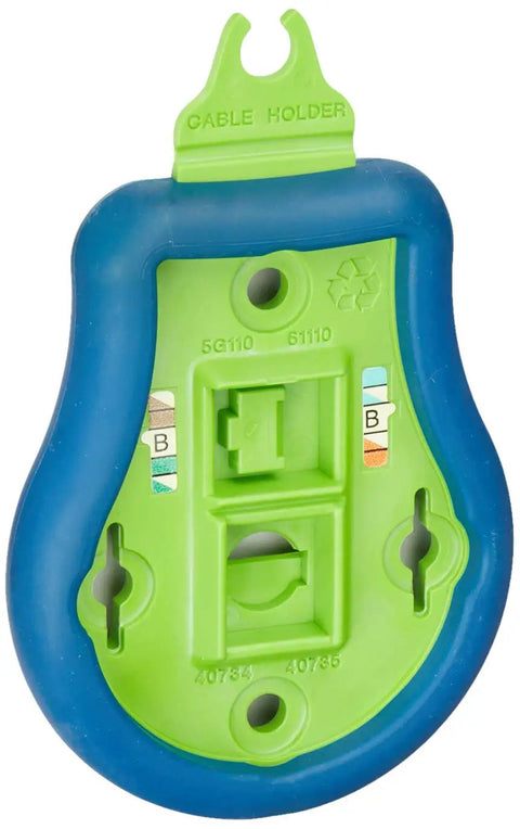 Green and blue plastic palm termination crimping pliers tool for AV connectors with punchdown operation, shown front view.