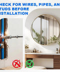 Image showing safe installation advice: check for wires, pipes, and studs with a mirror and vanity setup in background.