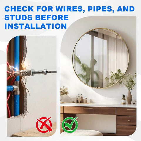 Image showing safe installation advice: check for wires, pipes, and studs with a mirror and vanity setup in background.