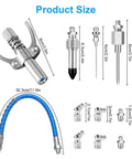 Diagram of Grease Gun Tips Kit with 12-inch hose, precision needle tips, quick connect, coupler, and hydraulic fittings for auto use.