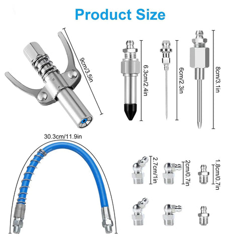 Diagram of Grease Gun Tips Kit with 12-inch hose, precision needle tips, quick connect, coupler, and hydraulic fittings for auto use.
