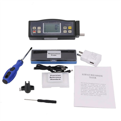 Pro-Grade Digital Surface Roughness Tester SRT-6200 Profilometer kit with accessories and manual.