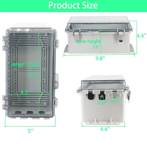 Heavy Duty Outdoor Waterproof Electrical Box With Clear Hinged Lid IP55 Tough As Nails Junction Cover For Power Strips Extension Cords And Outlet Protectors Dead Easy Weather Shield 8.9 X 4.9 X 4.3 Inch product size dimensions displayed.