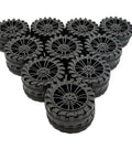 Dope Plastic Toy Car Wheel Set With 2mm Dia Shafts 40 Pack 30mm Wheels stacked in a triangular formation.
