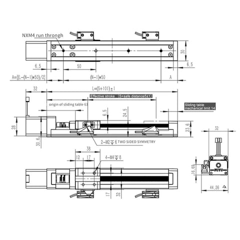Technical drawing of Mini Linear Rail Guide System For DIY CNC Sliders With 200mm Stroke Ladder Type Screw Linear Actuator Nema 11