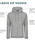 Tall Length Full Zip Fleece Hoodie For Men With Slim Tall Tailored Fit Midweight Comfort Soft Fleece Lining Durable Long Lasting Jacket Extra Length No Extra Width XL Mink, gray color, front view showcasing hood and pockets.