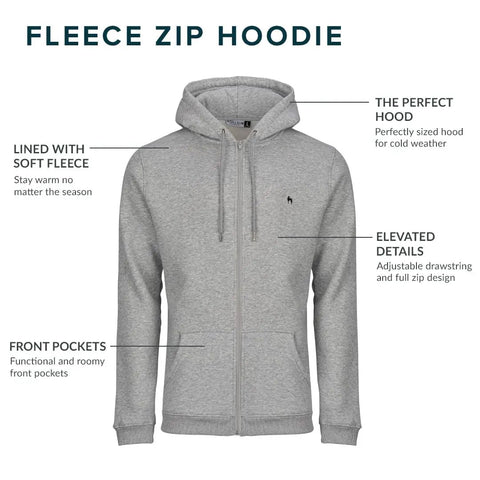 Tall Length Full Zip Fleece Hoodie For Men With Slim Tall Tailored Fit Midweight Comfort Soft Fleece Lining Durable Long Lasting Jacket Extra Length No Extra Width XL Mink, gray color, front view showcasing hood and pockets.