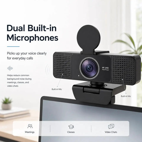 Straight Up Crisp 4K Autofocus USB Webcam For PC With Dual Mics, showing dual built-in microphones, mounted on a monitor.