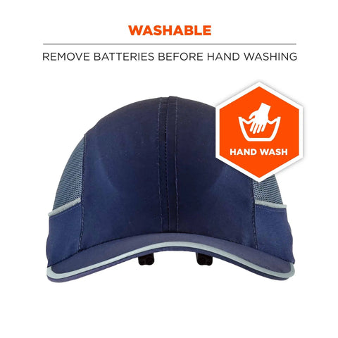 Skullerz 8960 Safety Bump Cap With LED Brim Lighting Baseball Hat Style Short Brim Navy Ultra Bright 23 Lumen Dual LED Lights For Close Up And Night Shift Lightweight PPE With Removable Inner Shell