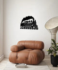Dope Steam Locomotive Metal Wall Art For Living Room And Office Black 16 Inch Outdoor Decor Sign above a modern chair