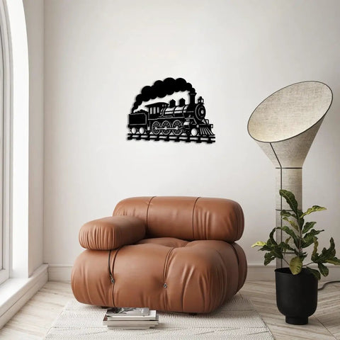 Dope Steam Locomotive Metal Wall Art For Living Room And Office Black 16 Inch Outdoor Decor Sign above a modern chair