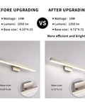 Comparison of Modern Slick LED Vanity Light Fixture For Bathroom Mirror in brushed nickel, showing upgraded 18W, 1350lm version