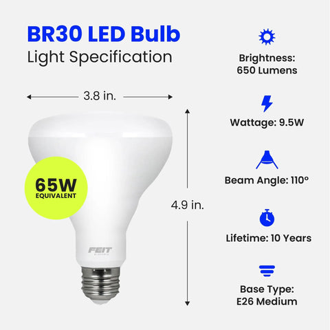 BR30 LED Flood Light Bulbs 65W Equivalent 9.5W Non Dimmable No Drama Energy Saver With 10 Year Life 650 Lumens 2700K Soft White E26 Base