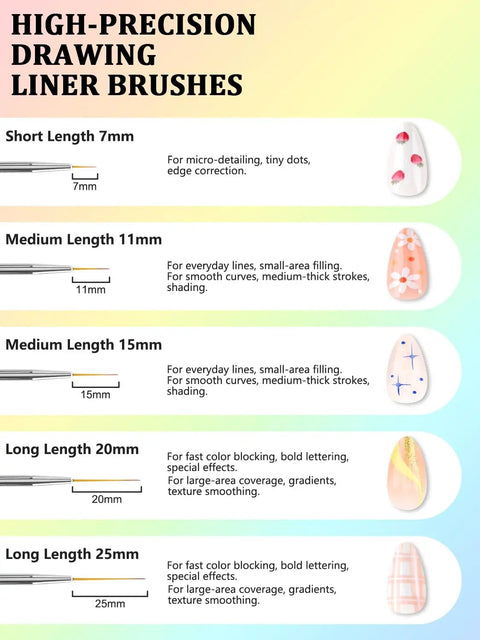 High-precision drawing liner brushes for Pro Nail Art Tools Set For Press On Nails with varying lengths from 7mm to 25mm.