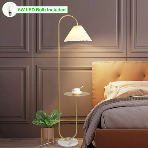 Modern Elegant Floor Lamp With Tray Shelf For Office Cafe Den Living Room Or Bedroom, Brass Gold Finish