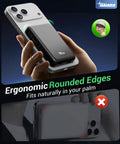 MagSafe Compatible Portable Charger 10000mAh Magnetic Power Bank For iPhone 17 16 Series With A 20N Strong Magnet To Prevent Drops And Keep Your Phone Juiced On The Go. Rounded-edge magnetic power bank attached to iPhone in hand