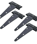 Four black T Strap Barn Door Hinges Heavy Duty 5 Inch Black Iron Gate Straps for Barn Shed Fence Doors, rustproof design.