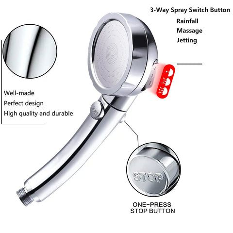 High Pressure Handheld Shower Head With On Off Pause Switch No Fuss 3 Settings Water Saving 1.6 GPM Chrome Finish Easy Shutoff