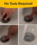 Heavy Duty Slick Universal Sink Stopper Replacement Chrome Bath Plug Bathroom Upgrade No Sweat Quick Install Fits All Standard Drains Waterproof Easy Grip in use with hand pressing down.