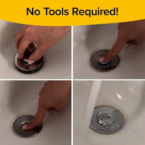 Heavy Duty Slick Universal Sink Stopper Replacement Chrome Bath Plug Bathroom Upgrade No Sweat Quick Install Fits All Standard Drains Waterproof Easy Grip in use with hand pressing down.