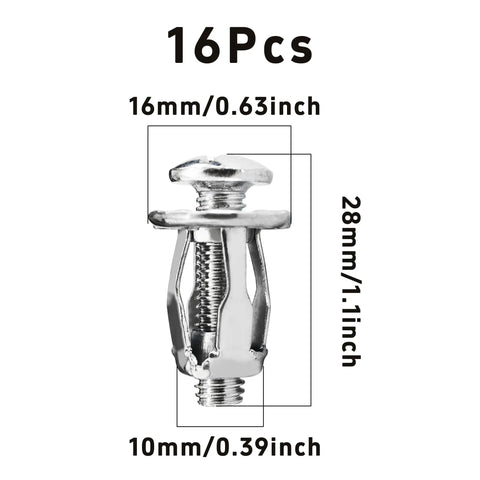 16 Piece M6 X 25mm Zinc Plated Petal Nuts showing size dimensions for drywall and metal frame use.