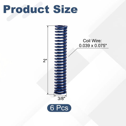 Six Piece Blue Compression Springs 38 Inch Od 2 Inch Length With Light Load Capacity For 3D Printers Molds And Mechanical Gear Repair Jobs Made From Tough Alloy Steel Wire For Durable Performance, showing dimensions.