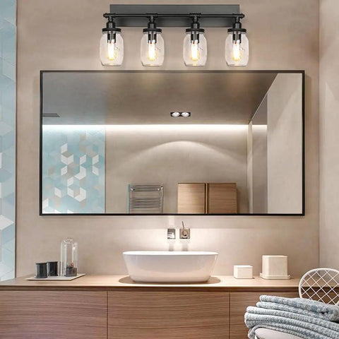 Industrial Black Vintage Bathroom Vanity Light Fixtures With Glass Mason Jar Shades 4 Light Wall Sconces above mirror